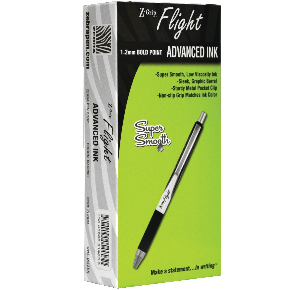 Zebra Pen Z-Grip Flight Retractable Pens, Pack Of 12, Bold Point, 1.2 mm, White Barrel, Black Ink MPN:21910