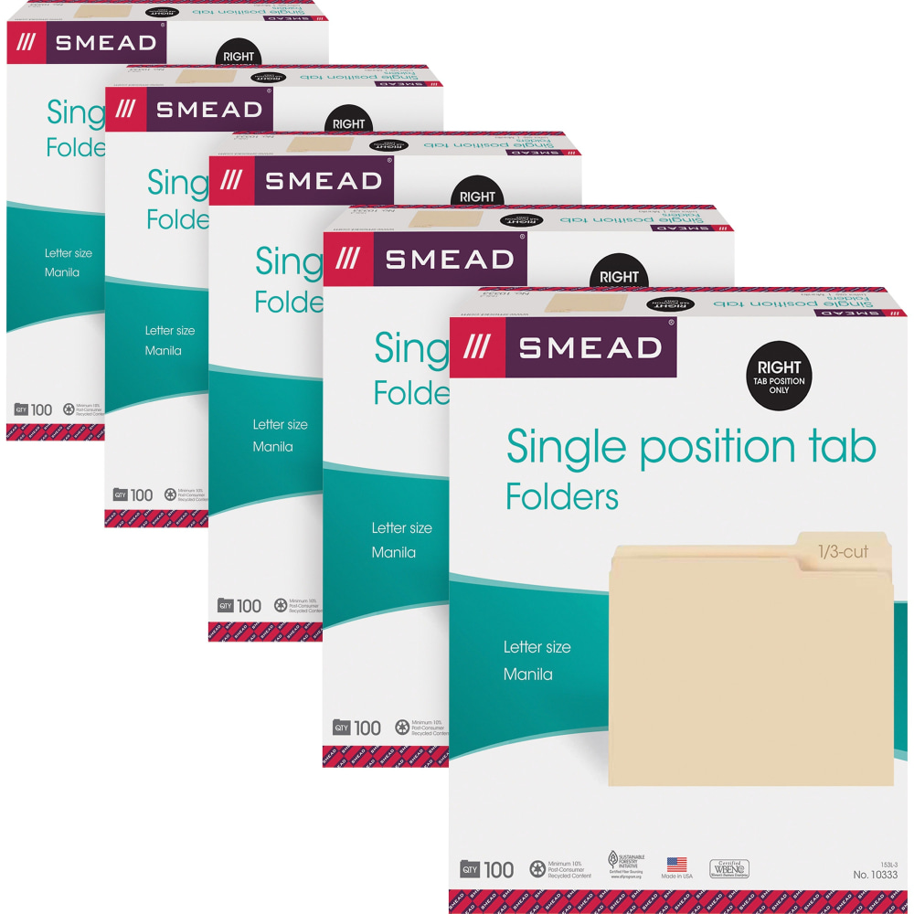 Smead Top Tab File Folders, Letter Size, 8 1/2in x 11in, 1/3 Tab Cut, Right Tab Position, 3/4in Expansion, Manila, Carton Of 500 Folders MPN:10333CT