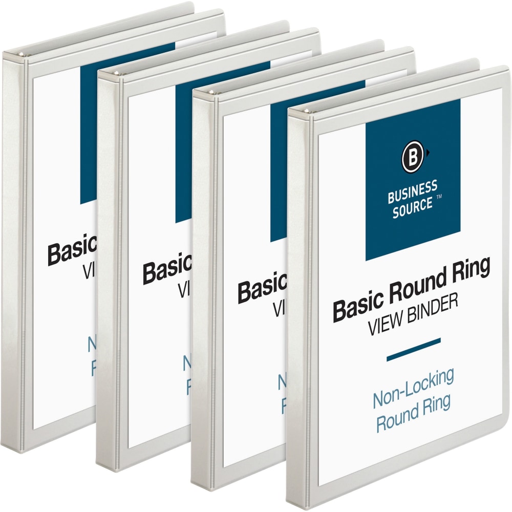 Business Source RounD-Ring View Binder, 1/2in Ring, 8 1/2in x 11in, White, Pack Of 4 MPN:09951BD