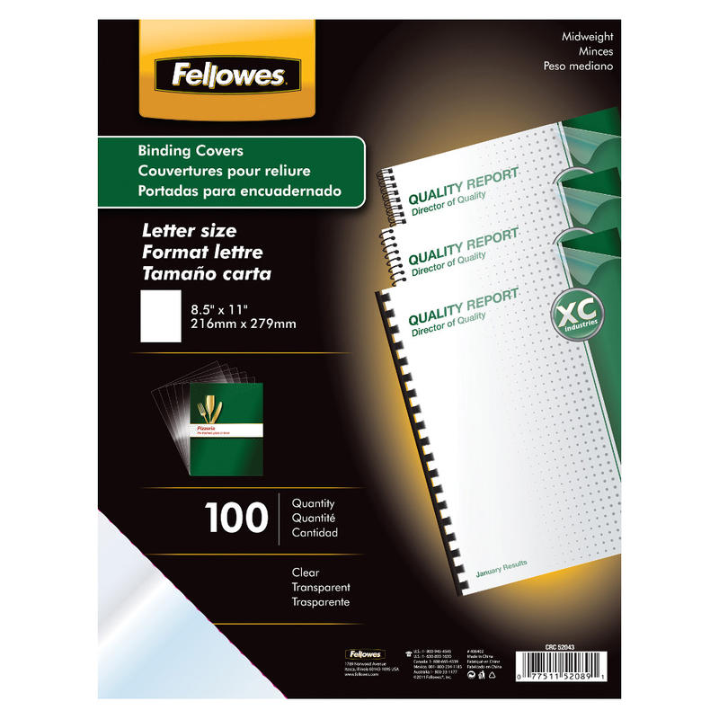 Fellowes Clear Presentation Binding Covers, 8 1/2in 11in, Clear, Pack Of 100 MPN:52089