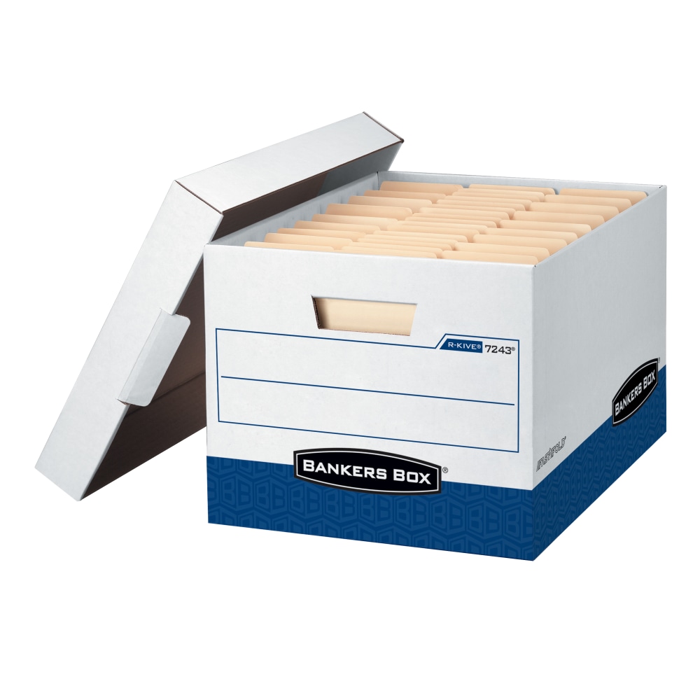 Bankers Box R Kive FastFold Heavy-Duty Storage Boxes, Letter/Legal Size, 15D x 12in x 10in, White/Blue, Case Of 4 -724303 MPN:724303