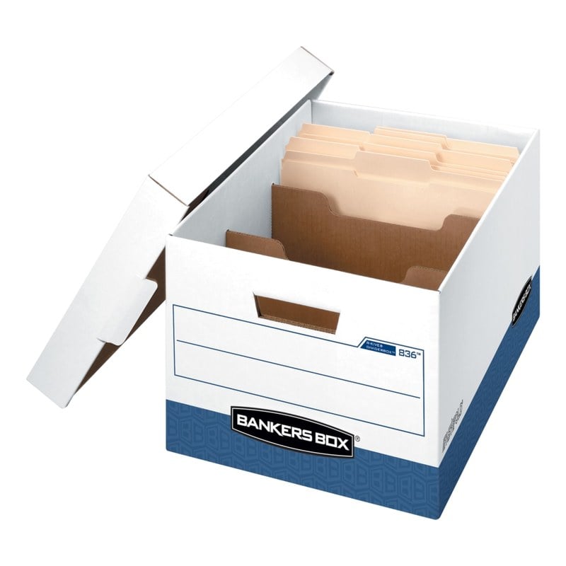 Bankers Box R Kive DividerBox Heavy-Duty FastFold File Storage Boxes, Letter/Legal Size, 10inH x 12W x 15inD, White/Blue, Case Of 12 - 83601 MPN:83601