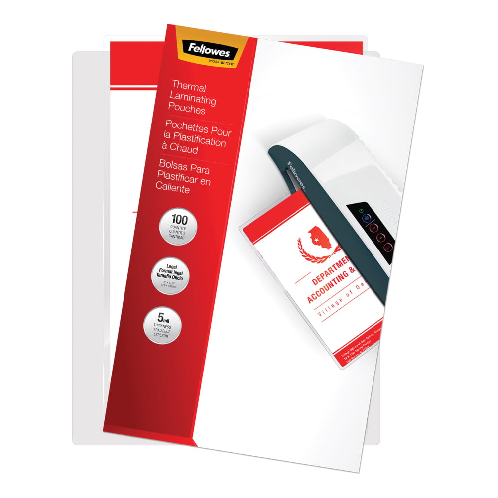 Fellowes Laminating Pouches, 5 Mil, Legal, 9in x 14-1/2in, Pack Of 100 Pouches MPN:52045
