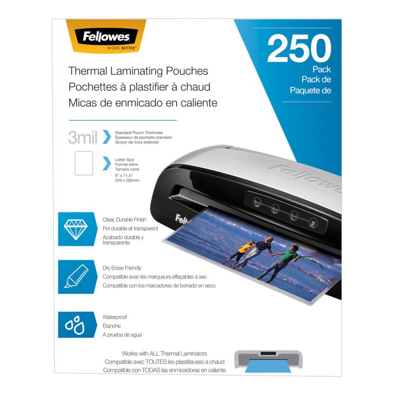 Fellowes Thermal Laminating Pouches, Letter Size, 3 Mil, 9in x 11-1/2in, Ultra-Clear, Pack of 250 Pouches MPN:5406501