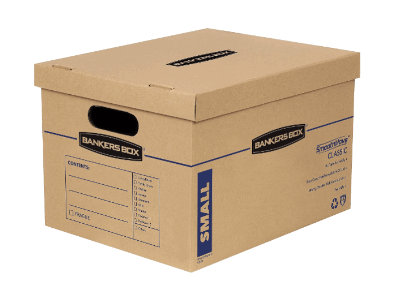 Bankers Box SmoothMove Classic Moving & Storage Boxes, Small, 10in x 12in x 15in, 50% Recycled, Kraft/Blue, Pack Of 15 MPN:7714209