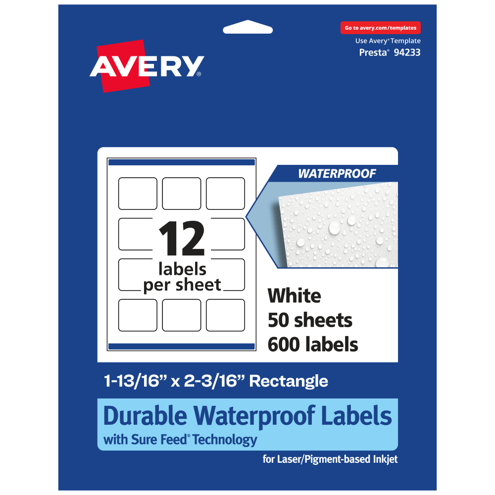 Avery Waterproof Permanent Labels With Sure Feed, 94233-WMF50, Rectangle, 1-13/16in x 2-3/16in, White, Pack Of 600 MPN:94233-WMF50