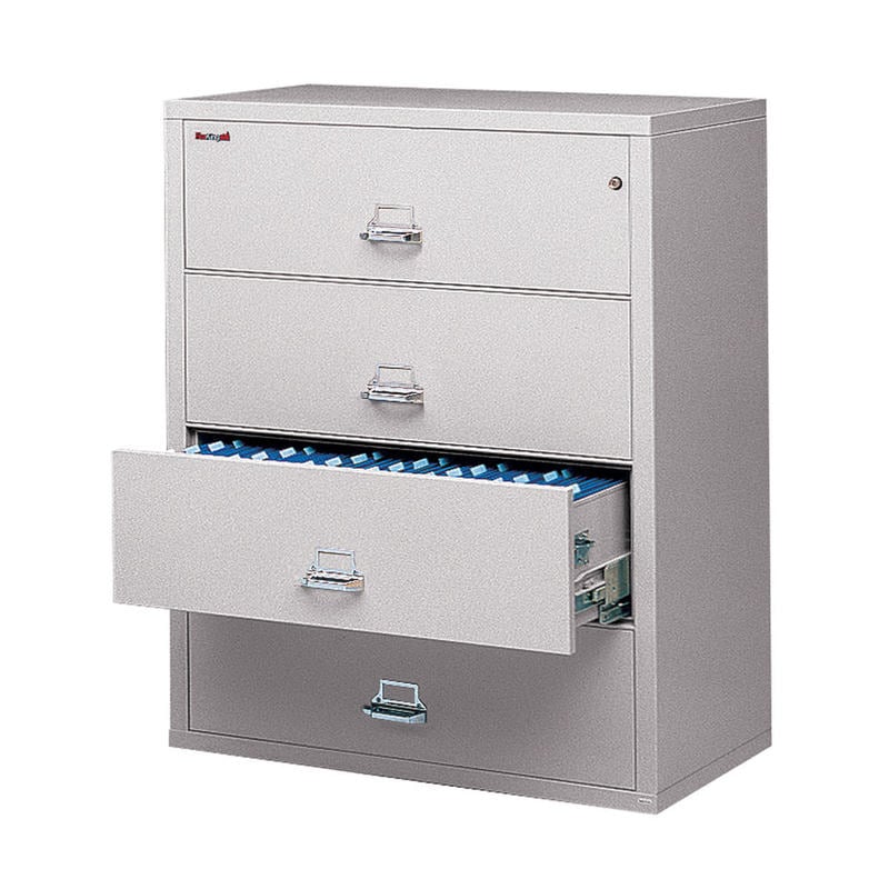 FireKing UL 1-Hour 44-1/2inW x 22-1/8inD Lateral 4-Drawer Fireproof File Cabinet, Platinum, White Glove Delivery MPN:4-4422-CPLWG