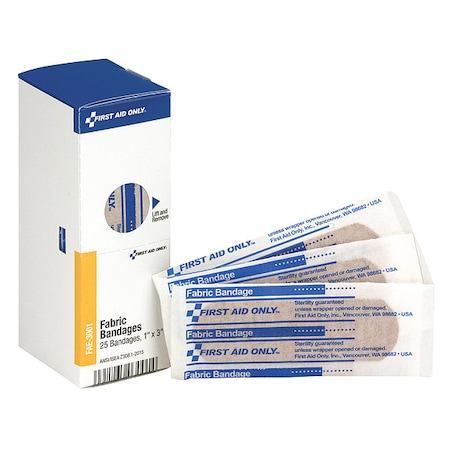 Adhesive Bandage, Strip Bandages, 1 in x 3 in, Fabric, Latex Free, Not Metal Detectable, 25PK MPN:FAE-3001