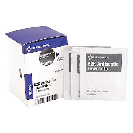 First Aid Kit Refill, BZK Antiseptic Wipes, 10 Per Box MPN:FAE-4002