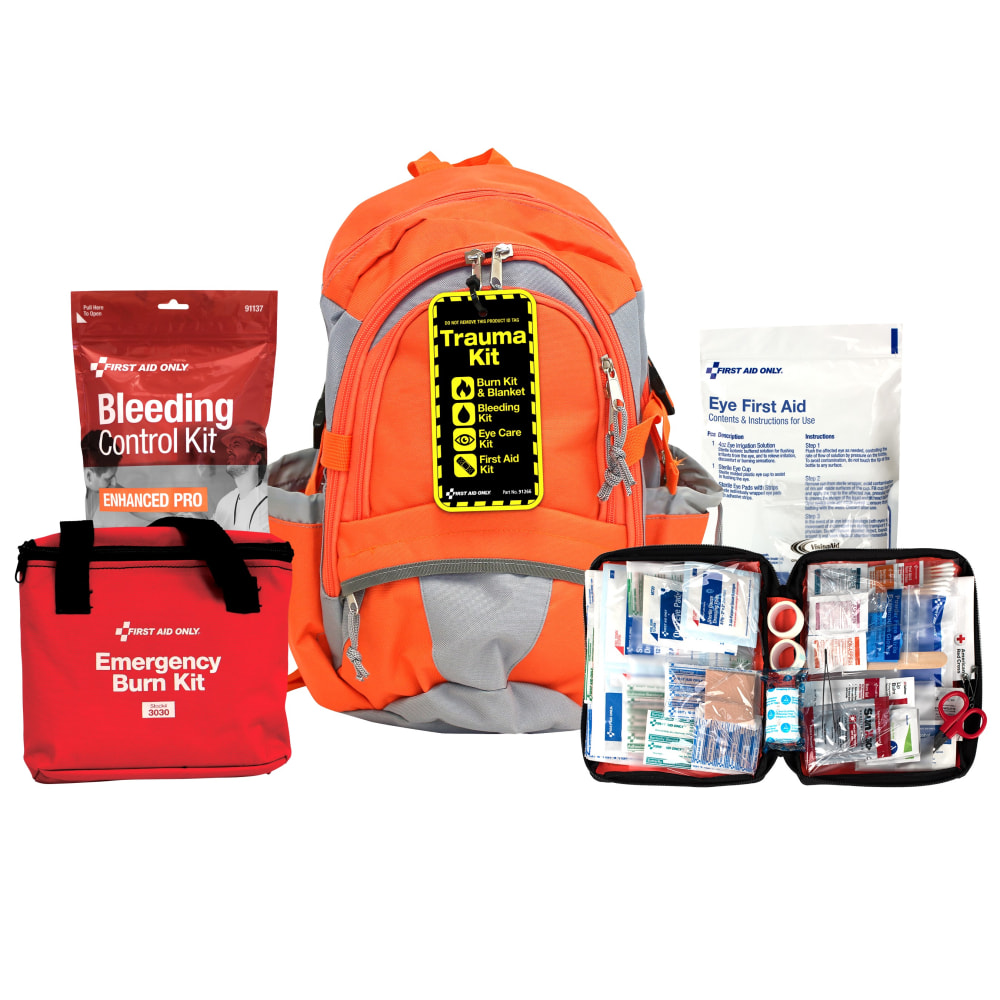 First Aid Only Trauma Backpack Kit, 18inH x 13inW x 6inD, Bright Orange MPN:91265