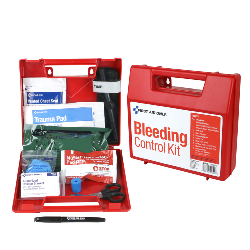 First Aid Only Bleed Control Wall Station Deluxe Kit, 8-1/4inH x 9inW x 2-1/2inD, Red MPN:91309
