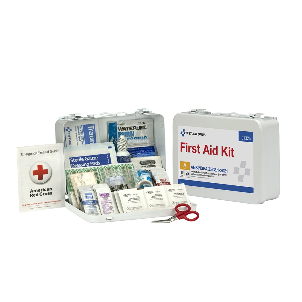 First Aid Only 25-Person Metal First Aid Kit, 6-1/2inH x 9-1/2inW x 3inD, Kit Of 94 Pieces MPN:91325