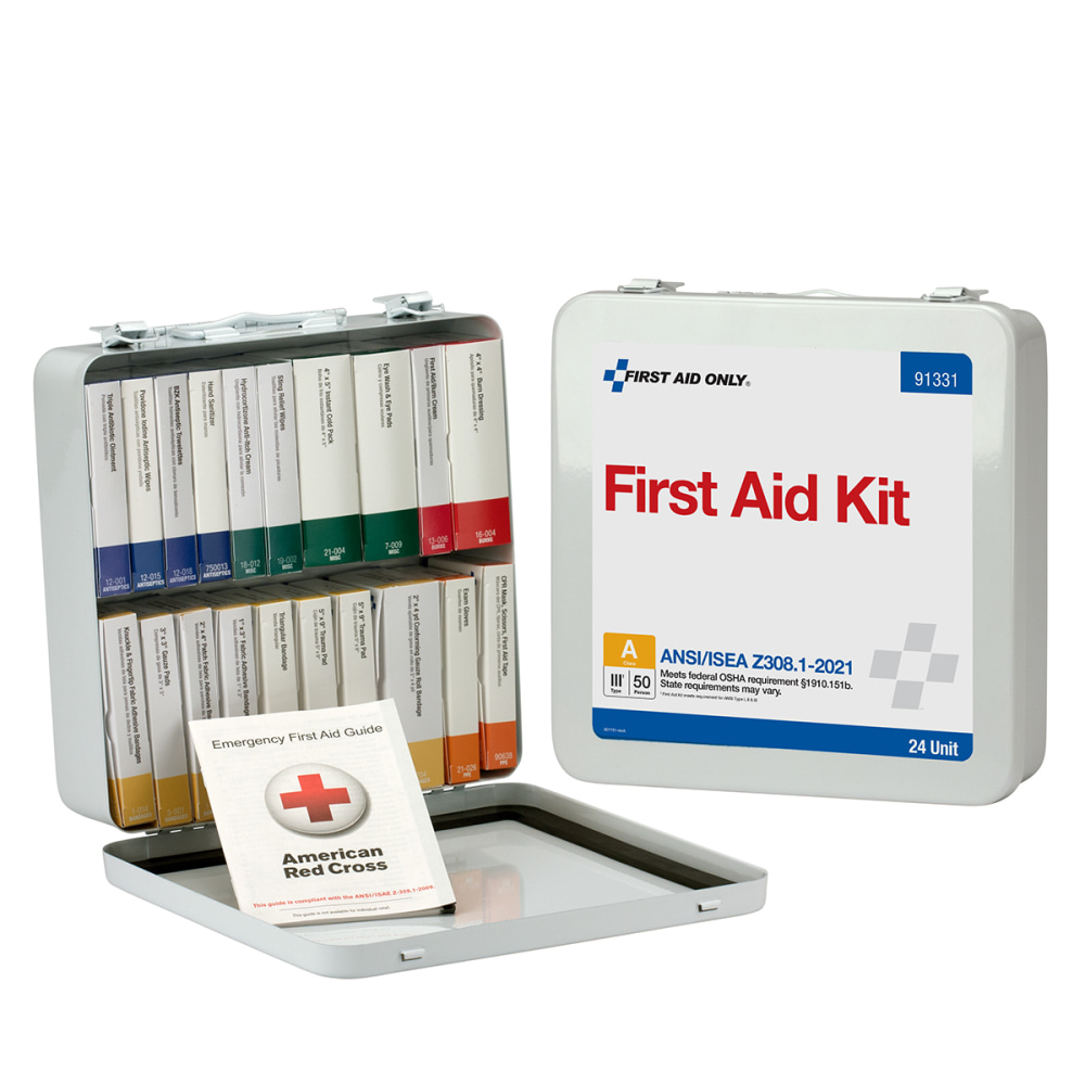 First Aid Only 50-Person Metal First Aid Kit, 6-1/2inH x 9-1/2inW x 2-11/16inD, White MPN:91331
