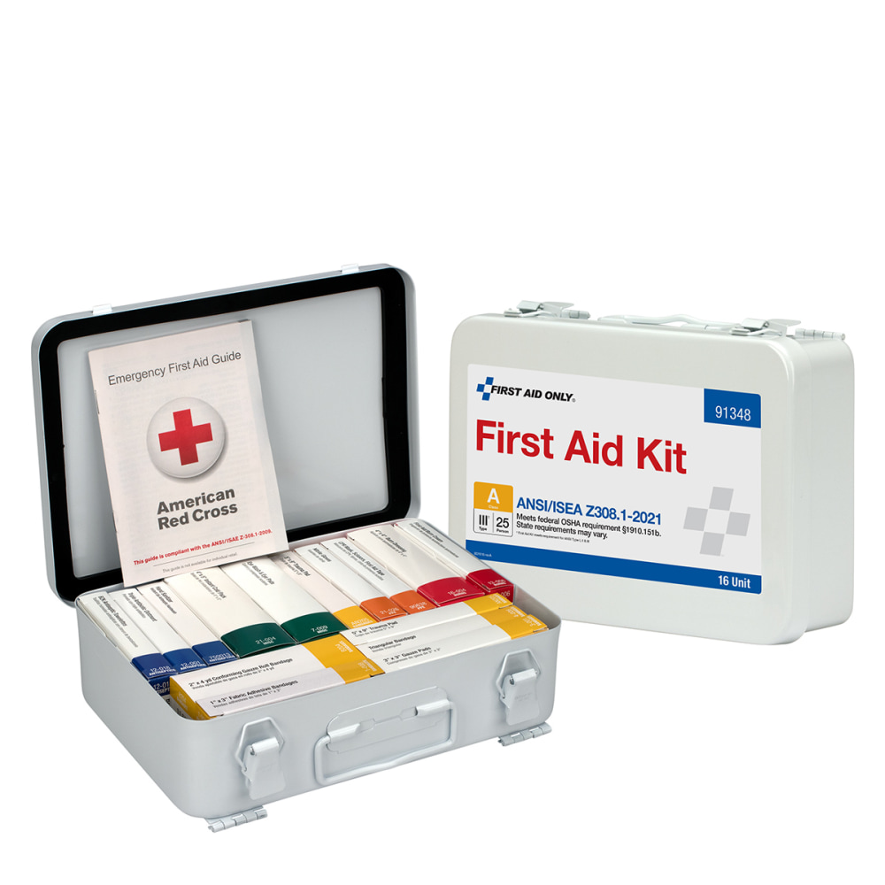 First Aid Only 25-Person 16-Unit Metal First Aid Kit, 6inH x 9inW x 2-7/16inD, Kit Of 83 Pieces MPN:91348