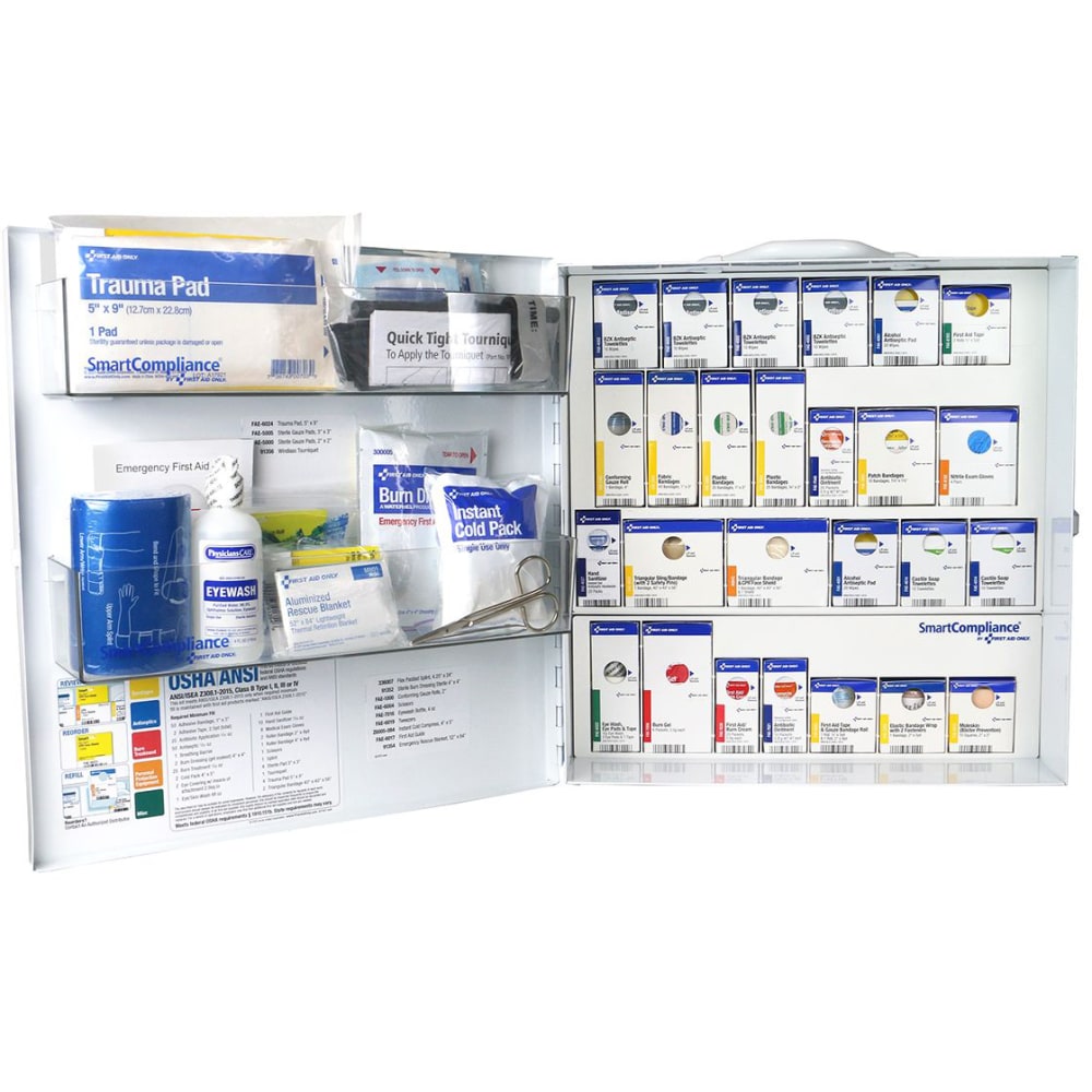 First Aid Only Smart Compliance ANSI B First Aid Large Metal Cabinet, 16-1/2inH x 15-3/4inW x 5-1/2inD, White MPN:91377