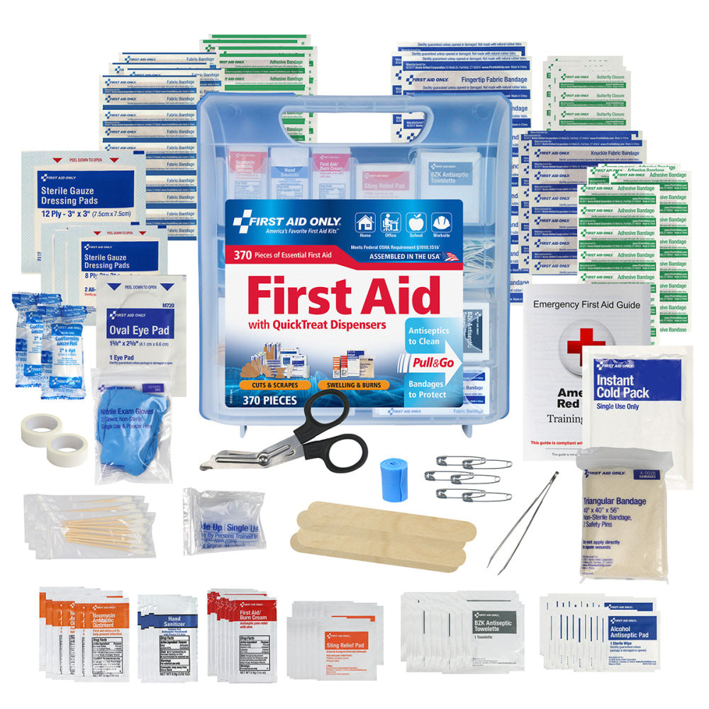 First Aid Only QuickTreat Plastic First Aid Kit, 11-3/4inH x 10-1/2inW x 2-15/16inD, Kit Of 370 Pieces MPN:91407