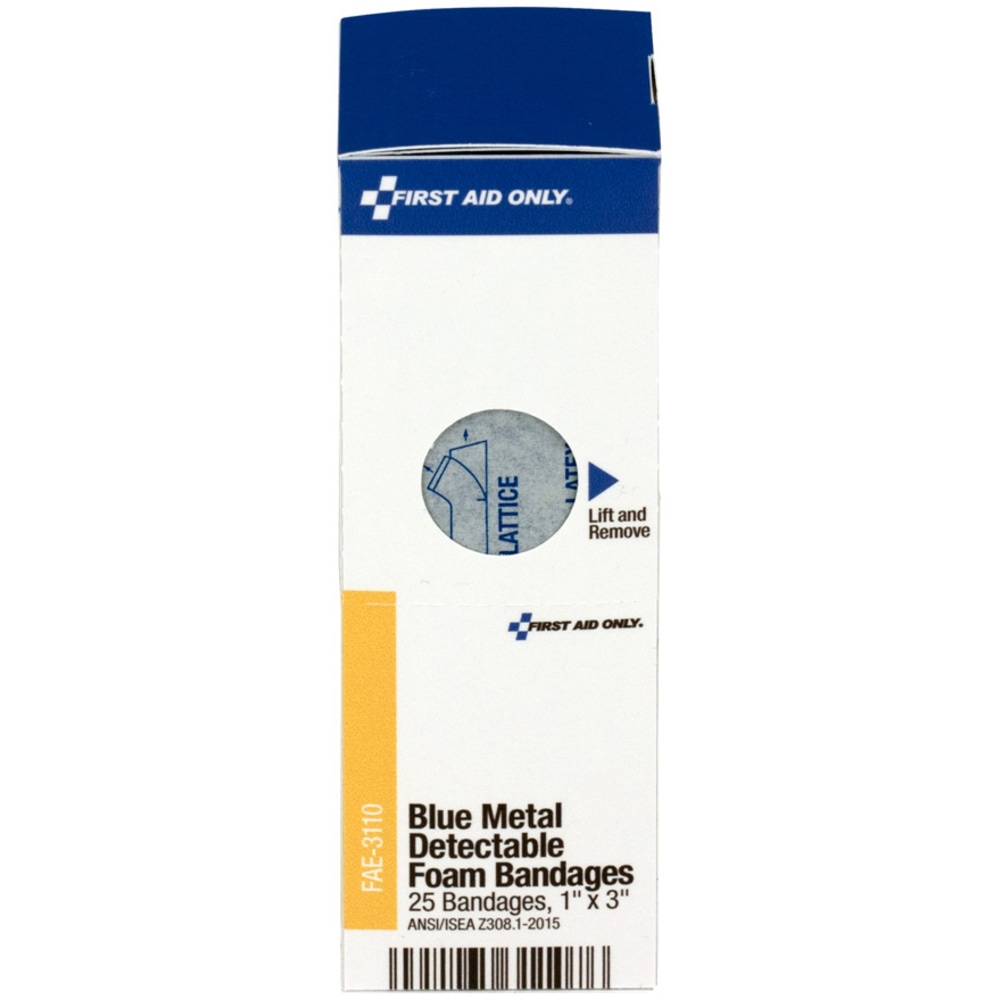 First Aid Only Smart Compliance Foam Metal Detectable Bandage Refill, 4-7/16inH x 2inW x 1-3/4inD, Blue, Pack Of 25 Bandages MPN:FAE-3110