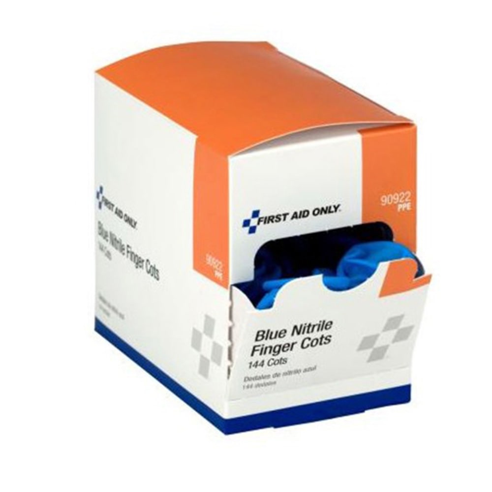 First Aid Only Nitrile Finger Cots, 1in x 3in, Blue, Box Of 144 Cots MPN:90922
