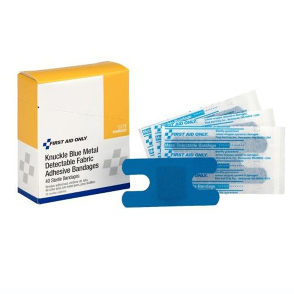 First Aid Only Metal-Detectable Knuckle Bandages, 1-1/2in x 3in, Blue, Box Of 40 Bandages MPN:G174