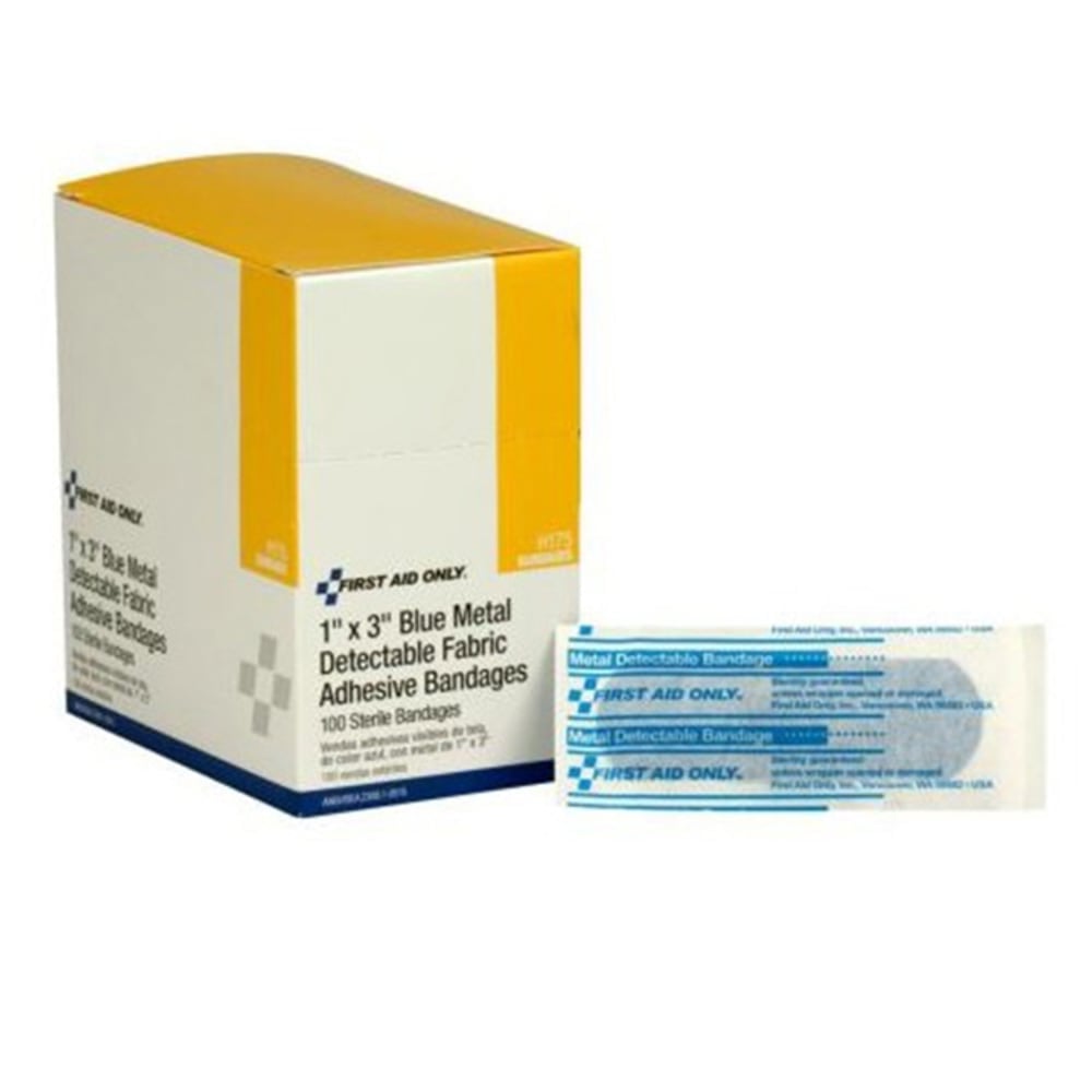 First Aid Only Metal-Detectable Strip Bandages, 1in x 3in, Blue, Box of 100 Bandages MPN:H175