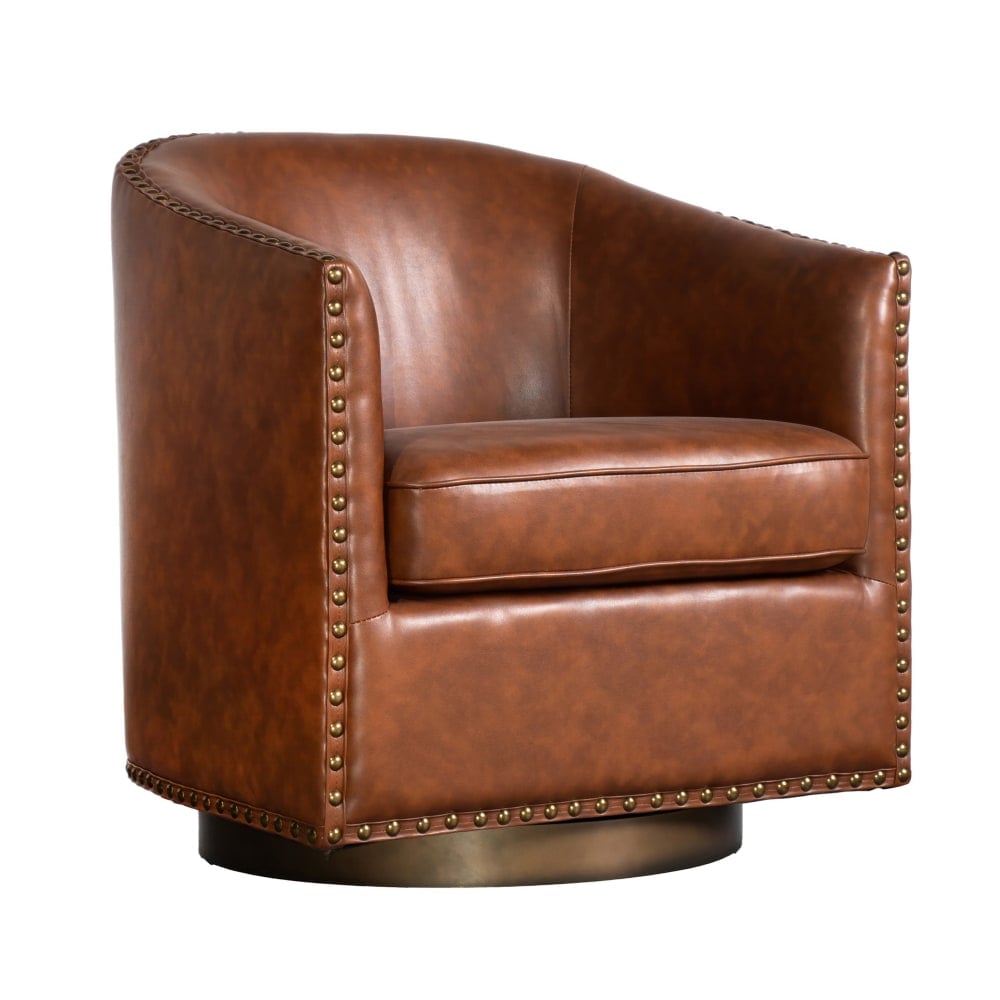 Flash Furniture Myles Club Style Commercial Barrel Accent Armchair with 360 deg. Swivel Metal Base and Upholstery with Decorative Nail Head Trim, Brown MPN:BSAC22061BRNPU