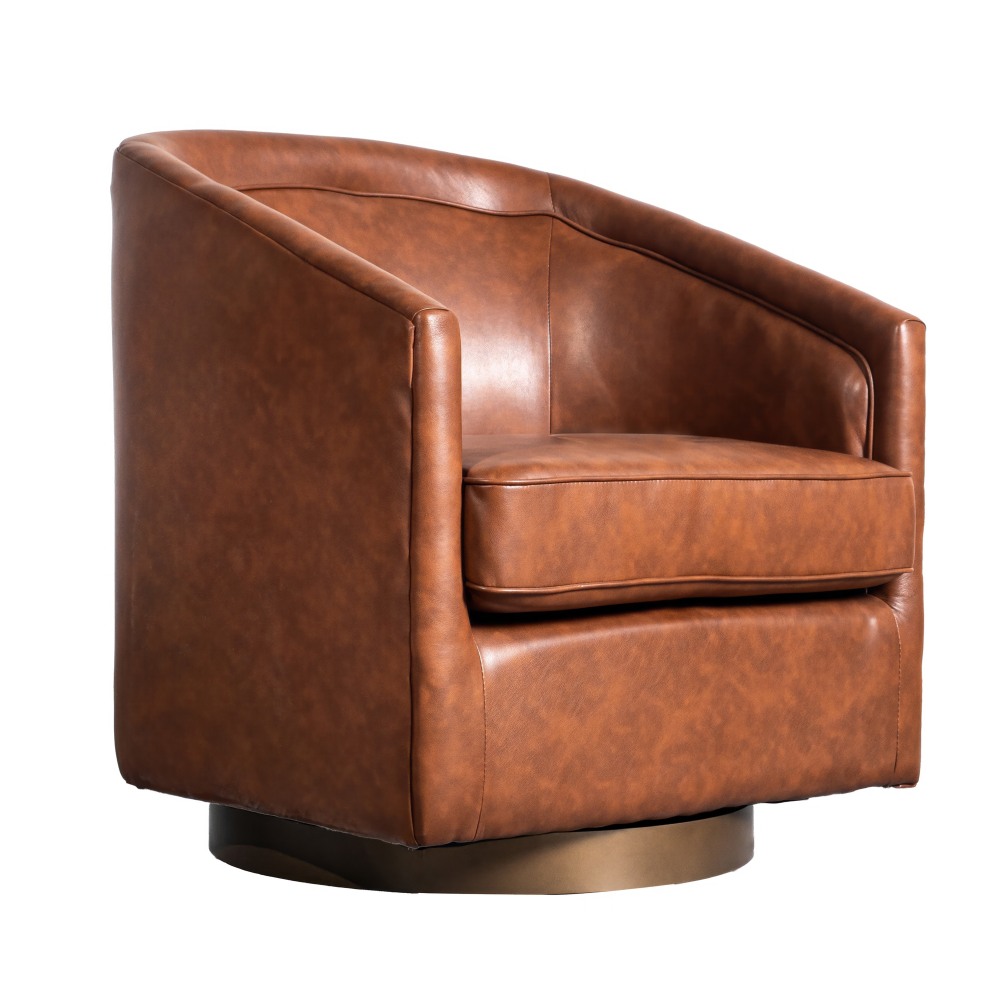 Flash Furniture Dean Club Style Commercial LeatherSoft Barrel Accent Armchair with 360 Degree Swivel Metal Base and Sloped Armrests, Brown LeatherSoft MPN:BSAC22064BRNPU