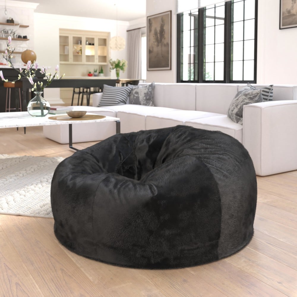 Flash Furniture Oversized Bean Bag Chair For Kids And Adults, Black Furry MPN:DGBEANLGFURBK