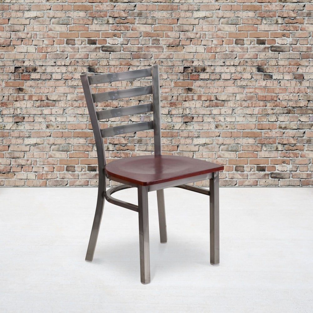 Flash Furniture HERCULES Series Silver Antique Finish with Clear Coat Ladder Back Metal Restaurant Chair - Mahogany Wood Seat MPN:XUDG694CLADMAHW