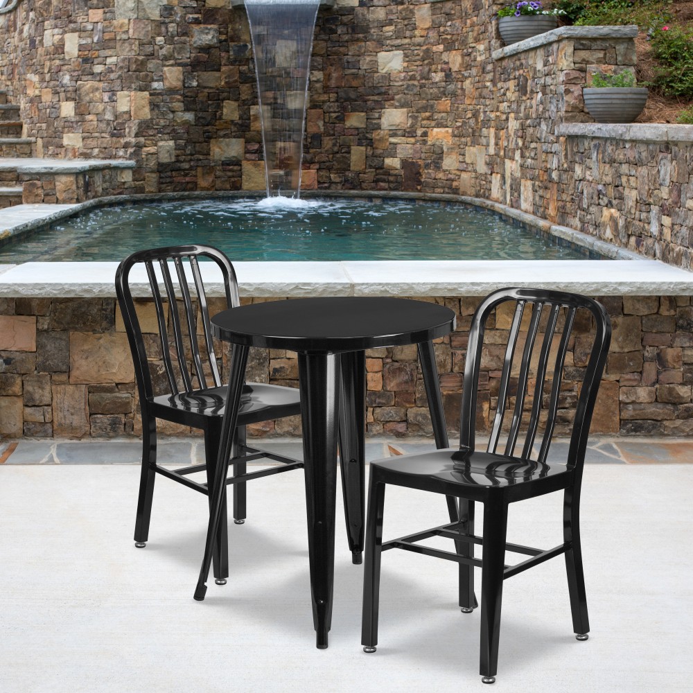 Flash Furniture Commercial-Grade Round Metal Indoor/Outdoor Table Set With 2 Vertical Slat-Back Chairs, Black MPN:CH518TH218VBK