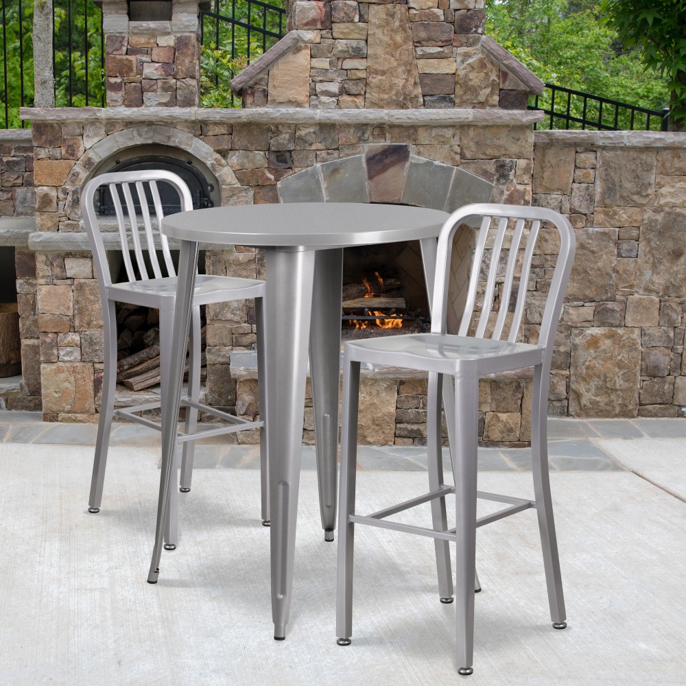 Flash Furniture Commercial-Grade Round Metal Indoor/Outdoor Bar Table Set With 2 Vertical Slat-Back Stools, Silver MPN:CH519BH230VSIL