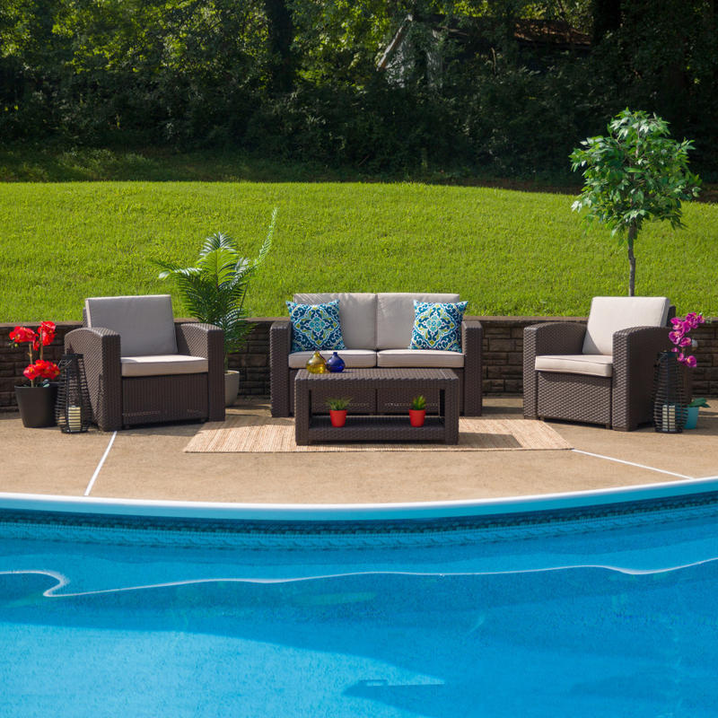 Flash Furniture 4-Piece Outdoor Faux-Rattan Loveseat, Chair and Table Set, Chocolate Brown MPN:DADSF112TCBN