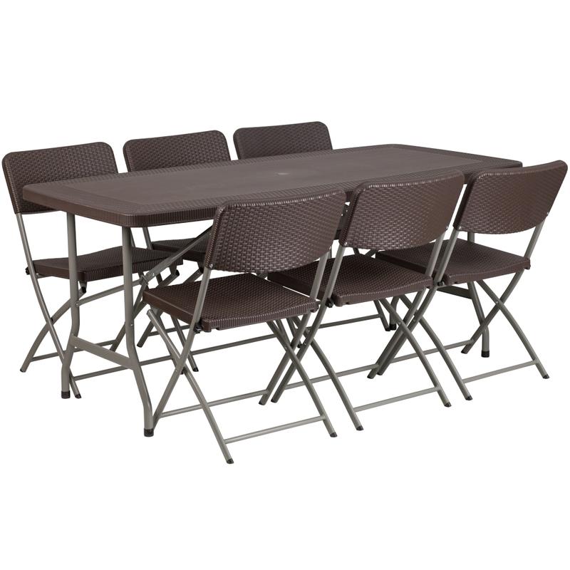 Flash Furniture Rattan Plastic Folding Table Set With 6 Chairs, 28-3/4inH x 32-1/2inW x 67-1/2inD, Brown MPN:DADYCZ17261