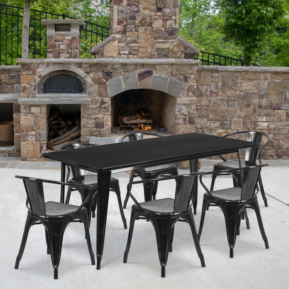 Flash Furniture Commercial-Grade Rectangular Metal Indoor/Outdoor Table Set With 6 Arm Chairs, Black MPN:ETCT005670BK