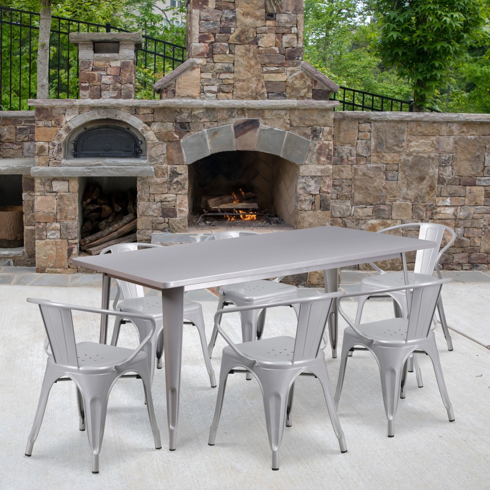 Flash Furniture Commercial-Grade Rectangular Metal Indoor/Outdoor Table Set With 6 Arm Chairs, Silver MPN:ETCT005670SIL