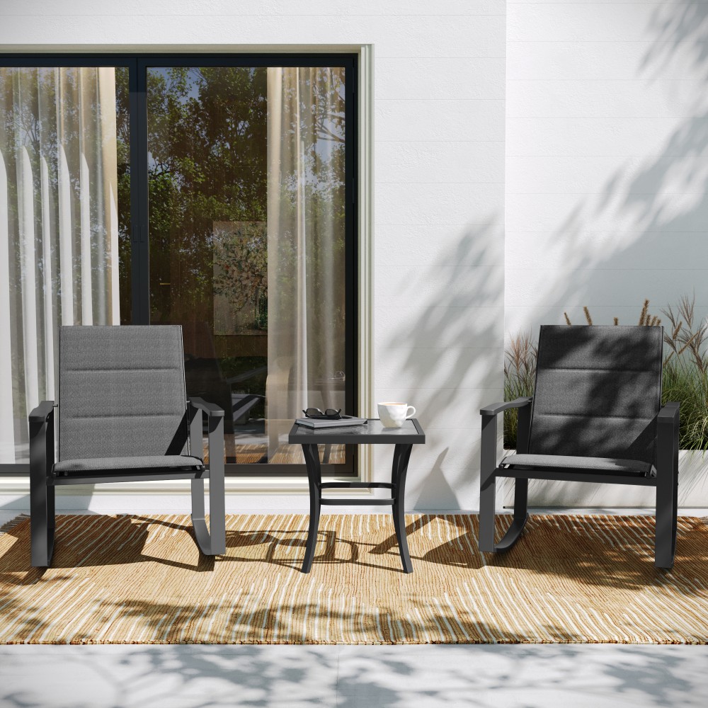 Flash Furniture Brazos 3-Piece Outdoor Rocking Chair Bistro Set With Flex Comfort Material And Metal-Framed Glass-Top Table, Black MPN:FVFSC2315BLK