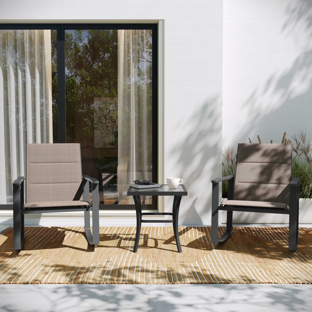 Flash Furniture Brazos 3-Piece Outdoor Rocking Chair Bistro Set With Flex Comfort Material And Metal-Framed Glass-Top Table, Brown MPN:FVFSC2315BRN
