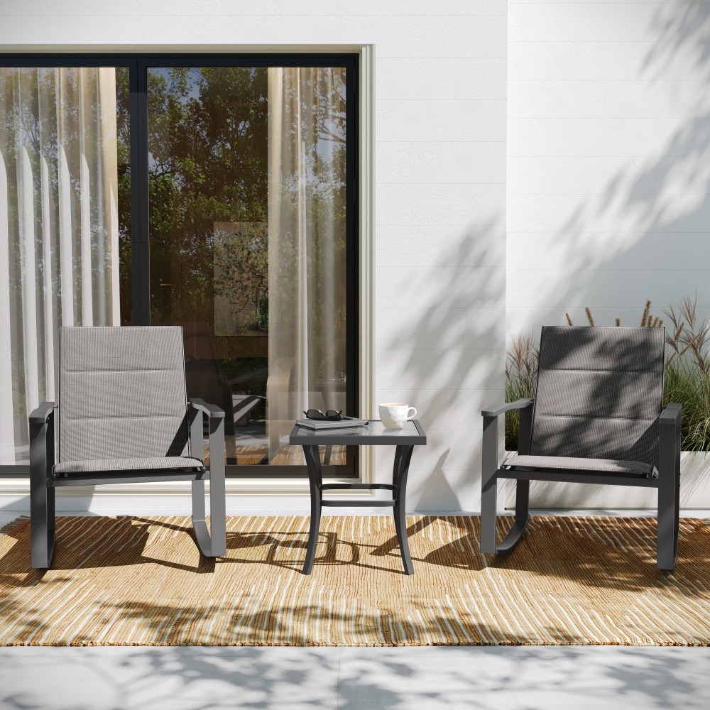 Flash Furniture Brazos 3-Piece Outdoor Rocking Chair Bistro Set With Flex Comfort Material And Metal-Framed Glass-Top Table, Gray MPN:FVFSC2315GRY