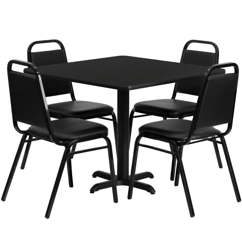 Flash Furniture Square Table With 4 Trapezoidal-Back Banquet Chairs, 30in x 36in, Black MPN:HDBF1009