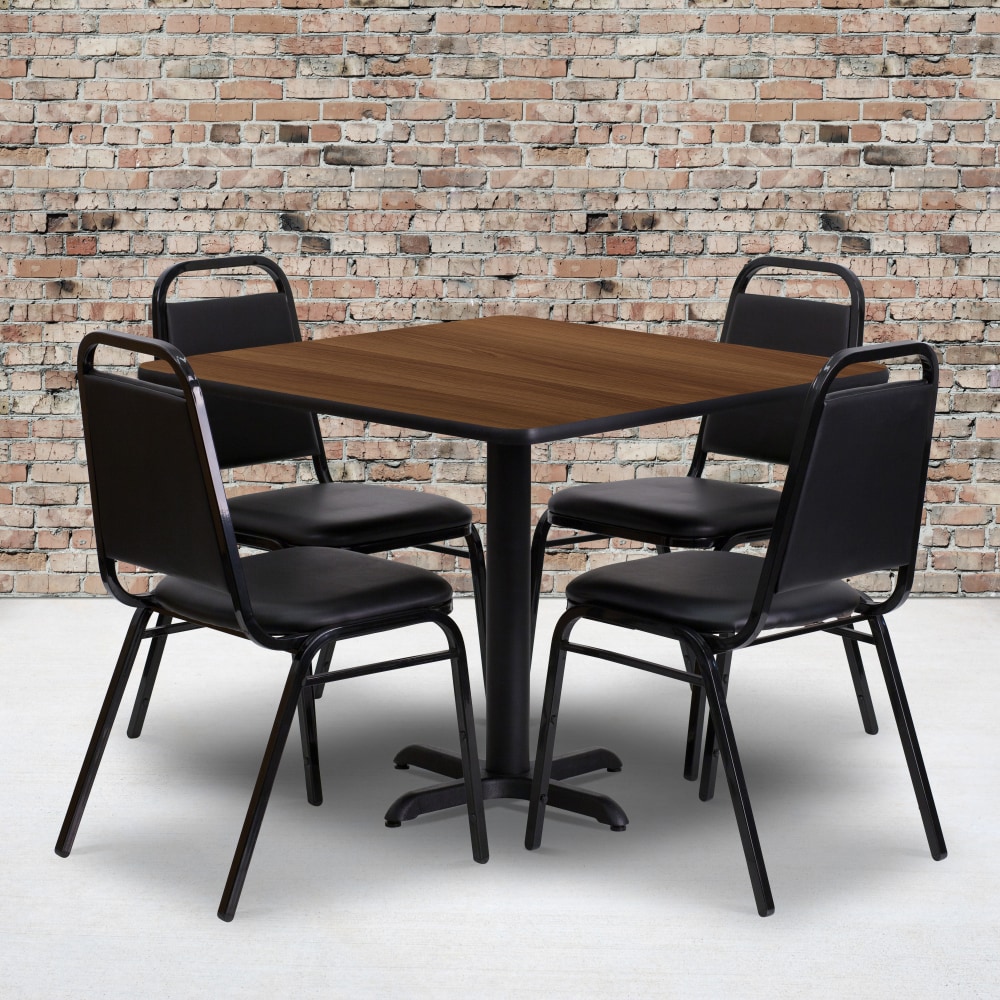 Flash Furniture Square Table Set With 4 Trapezoidal-Back Banquet Chairs, 30inH x 36inW x 36inD, Walnut/Black MPN:HDBF1012
