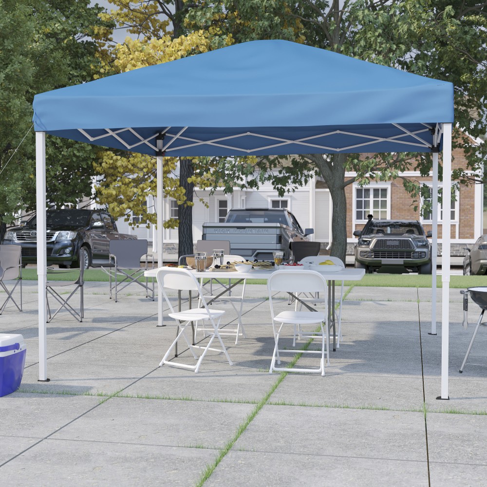 Flash Furniture Portable Tailgate/Event Tent Set - 10ftx10ft Pop Up Canopy Tent, 6-Foot Bi-Fold Table, Set of 4 Folding Chairs, Blue MPN:JJ10183Z4LE3BW