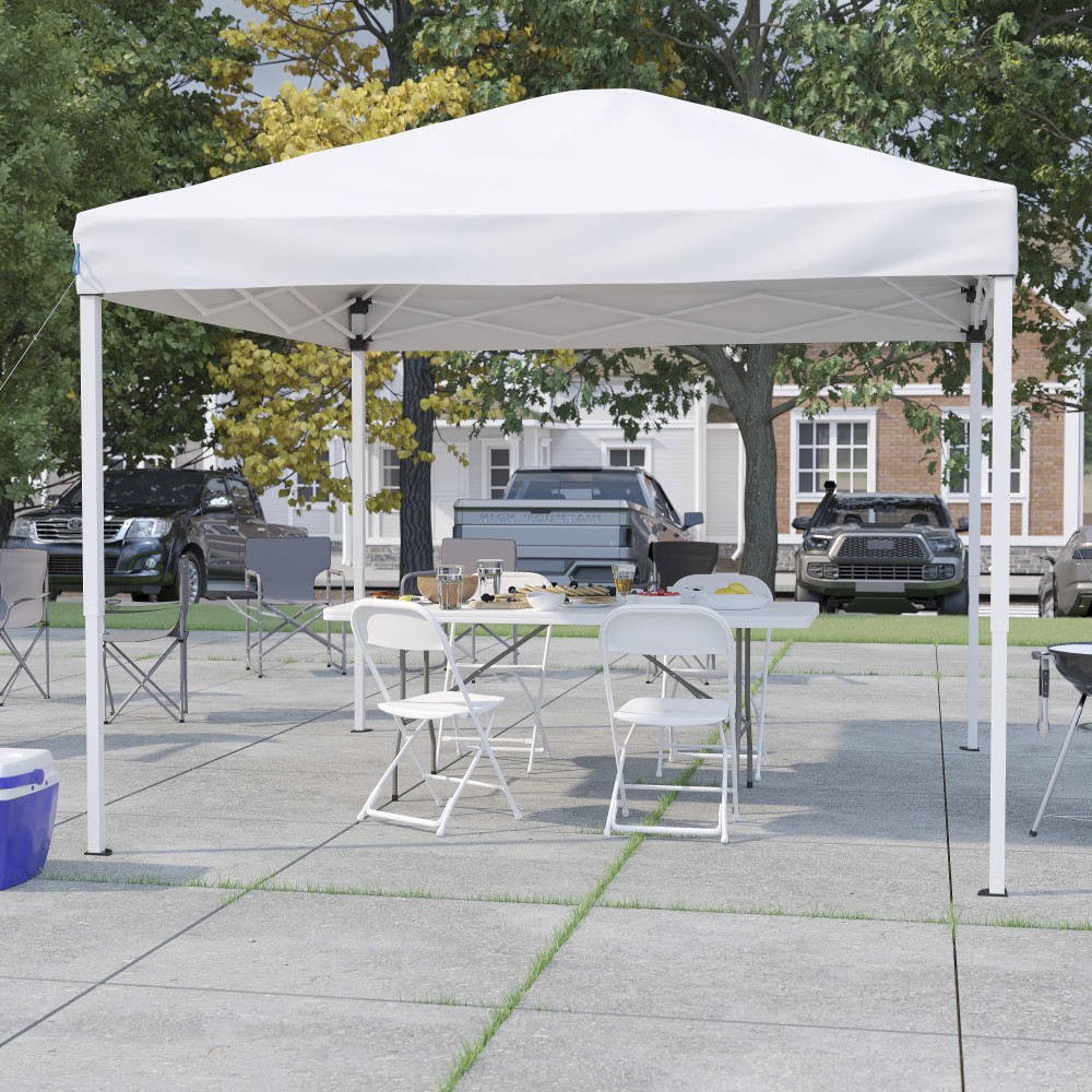 Flash Furniture Portable Tailgate/Event Tent Set - 10ftx10ft Pop Up Canopy Tent, 6-Foot Bi-Fold Table, Set of 4 Folding Chairs, White MPN:JJ10183Z4LE3WW