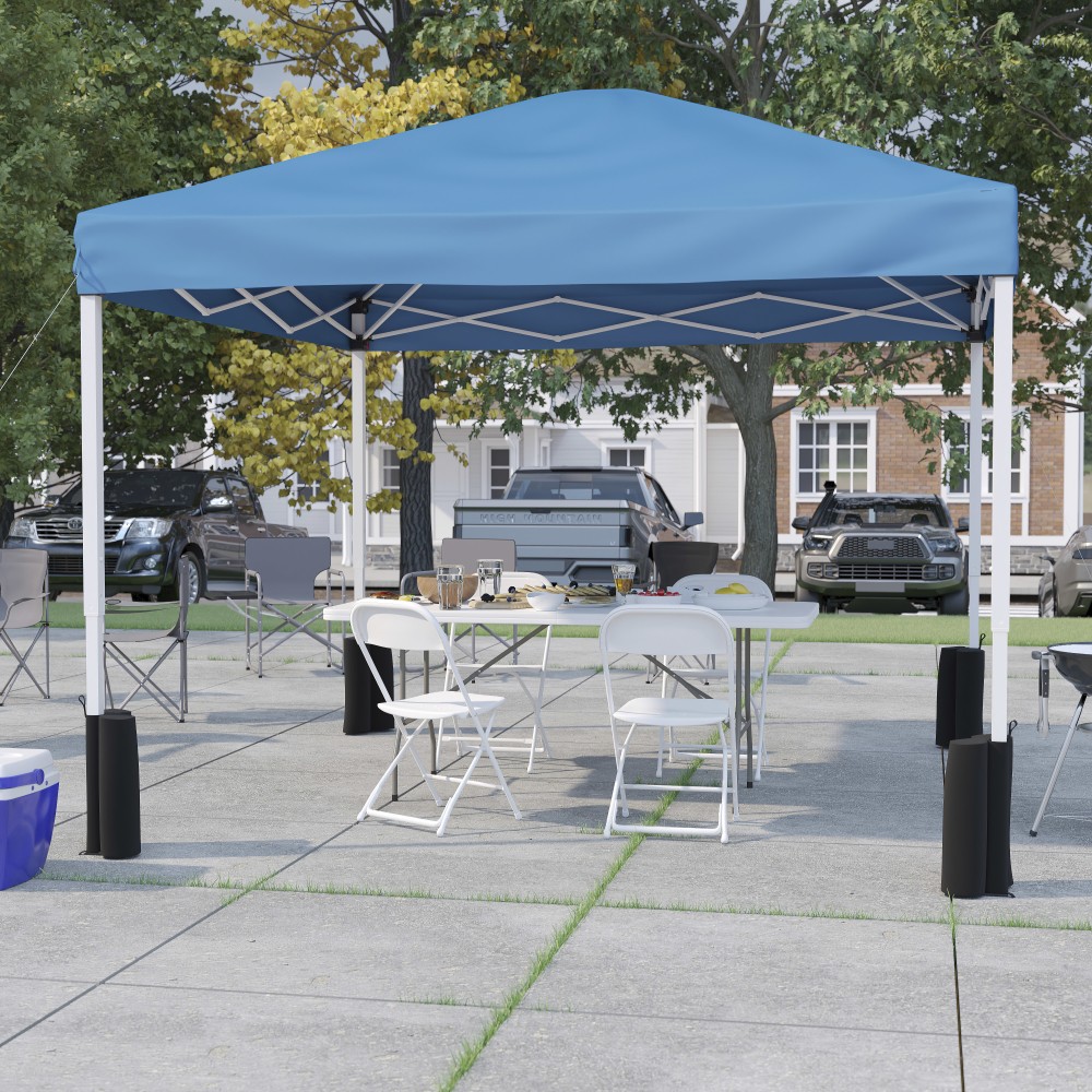 Flash Furniture Portable Tailgate/Event Tent Set-10ftx10ft Wheeled Pop Up Canopy Tent, 6-Foot Bi-Fold Table, 4 Folding Chairs, Blue MPN:JJ10P183Z4LE3BW