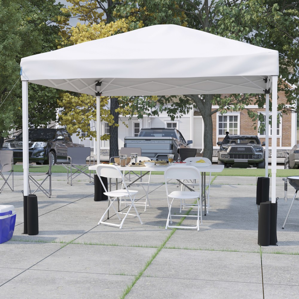 Flash Furniture Portable Tailgate/Event Tent Set-10ftx10ft Wheeled Pop Up Canopy Tent, 6-Foot Bi-Fold Table, 4 Folding Chairs, White MPN:JJ10P183Z4LE3WW