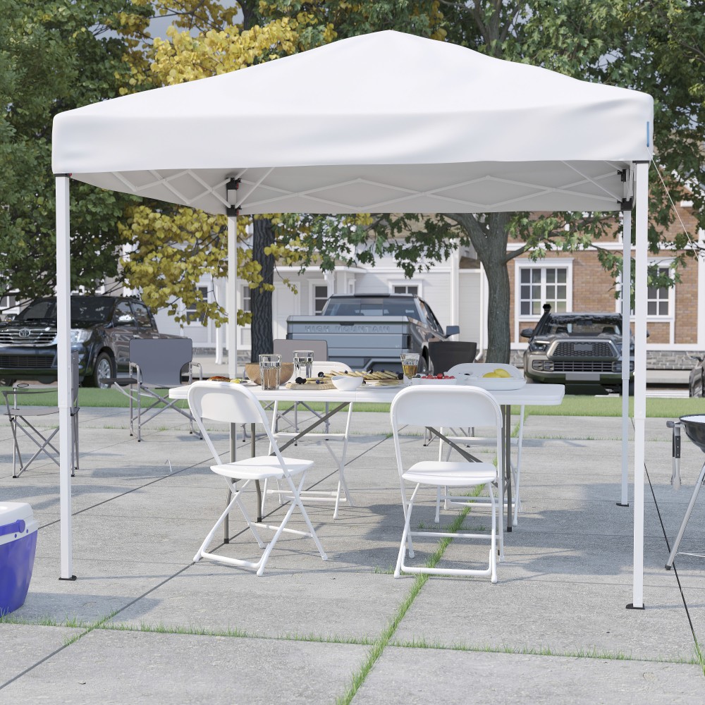 Flash Furniture Portable Tailgate/Event Tent Set - 8ftx8ft Pop Up Canopy Tent, 6-Foot Bi-Fold Table, Set of 4 Folding Chairs, White MPN:JJ88183Z4LE3WW