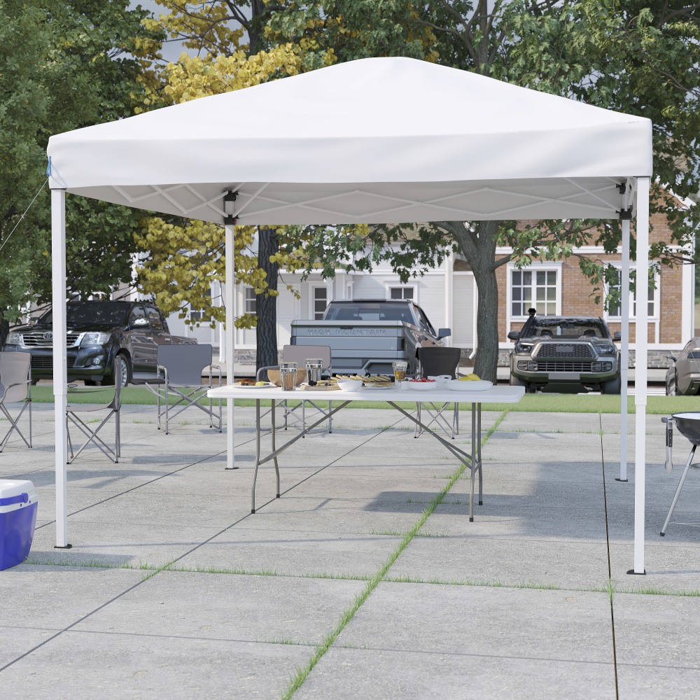 Flash Furniture 10ftx10ft Pop Up Event Canopy Tent with Carry Bag and 6-Foot Bi-Fold Folding Table with Carrying Handle - Tailgate Tent Set, White MPN:JJGZ10183ZWH