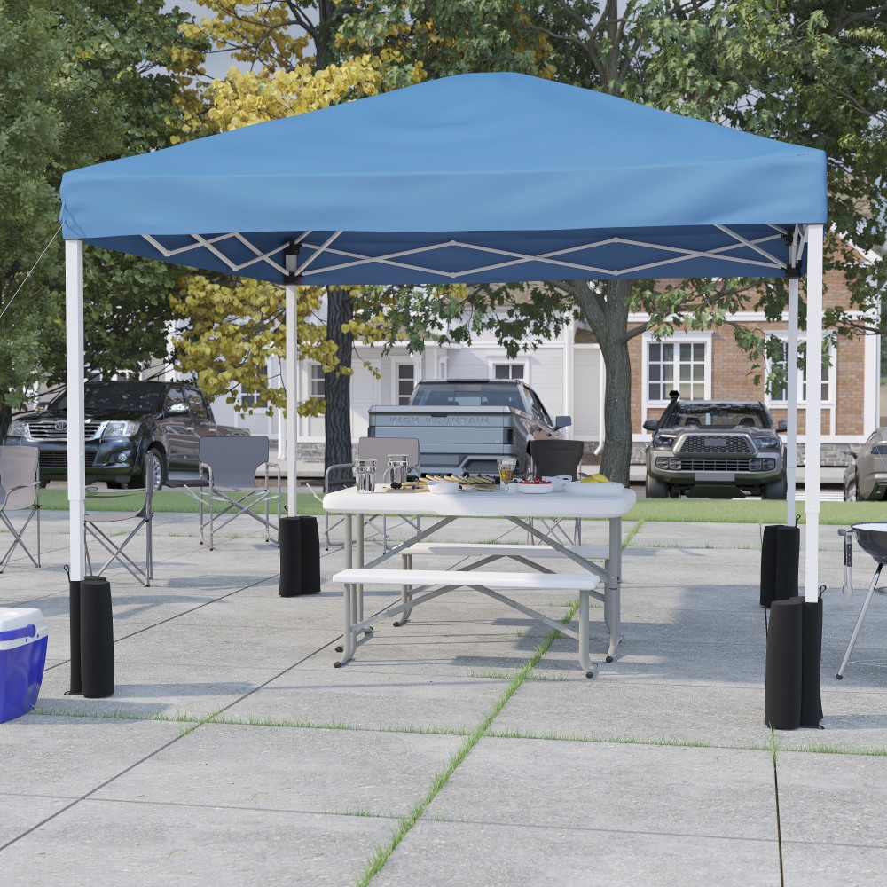 Flash Furniture 10ftx10ft Pop Up Event Canopy Tent with Wheeled Case and Folding Bench Set - Portable Tailgate, Camping, Event Set, Blue MPN:JJGZ10PKG103BL