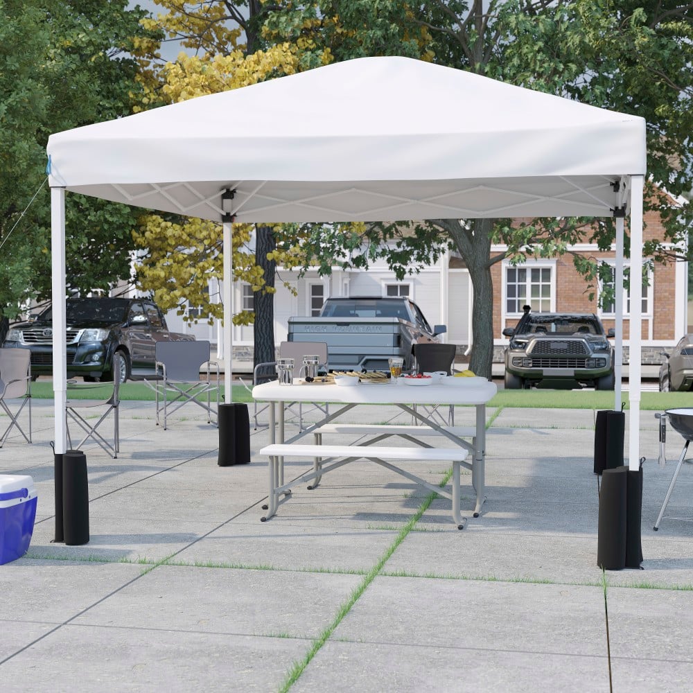 Flash Furniture 10ftx10ft Pop Up Event Canopy Tent with Wheeled Case and Folding Bench Set - Portable Tailgate, Camping, Event Set, White MPN:JJGZ10PKG103WH