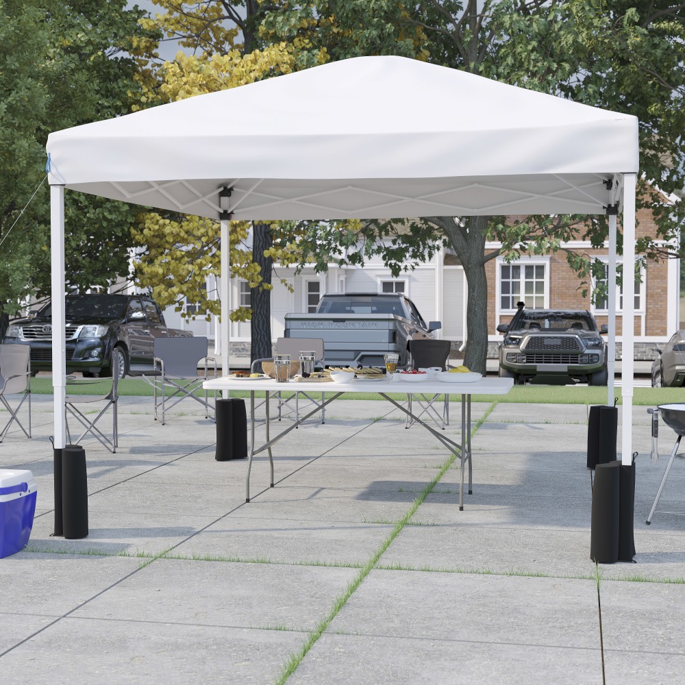 Flash Furniture 10ftx10ft Pop Up Canopy Tent with Wheeled Case and 6-Foot Bi-Fold Folding Table with Carrying Handle - Tailgate Tent Set, White MPN:JJGZ10PKG183ZWH