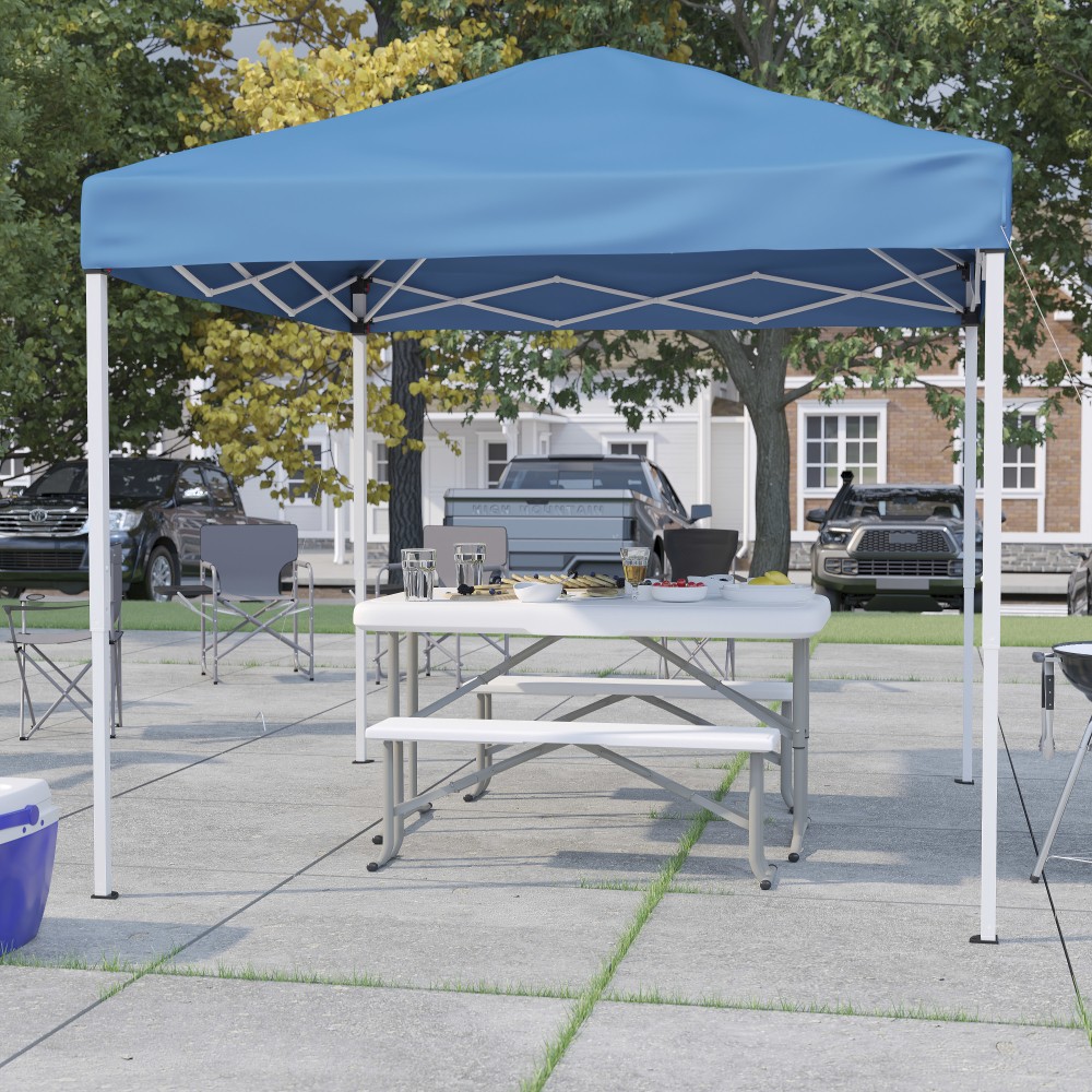 Flash Furniture 8ftx8ft Pop Up Event Canopy Tent with Carry Bag and Folding Bench Set - Portable Tailgate, Camping, Event Set, Blue MPN:JJGZ88103BL