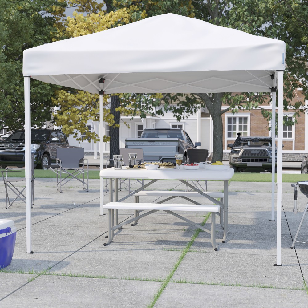 Flash Furniture 8ftx8ft Pop Up Event Canopy Tent with Carry Bag and Folding Bench Set - Portable Tailgate, Camping, Event Set, White MPN:JJGZ88103WH